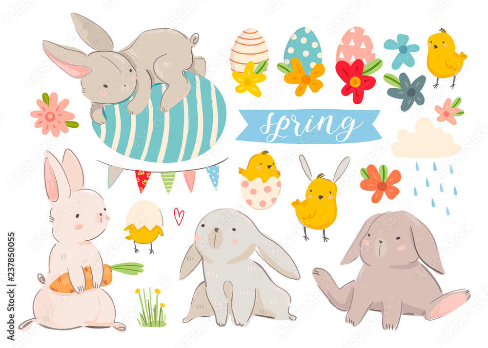 Naklejka premium Happy Easter! Various eggs, bunnies and chicks. Hand drawn colored vector set. All elements are isolated