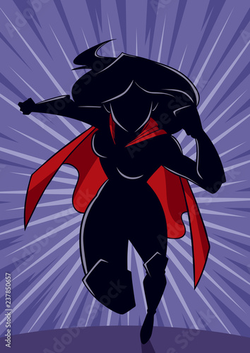 Cartoon illustration of powerful superheroine running fast, on abstract background and some copy space.