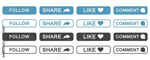 Set of follow, share, like, comment button icon in a flat design