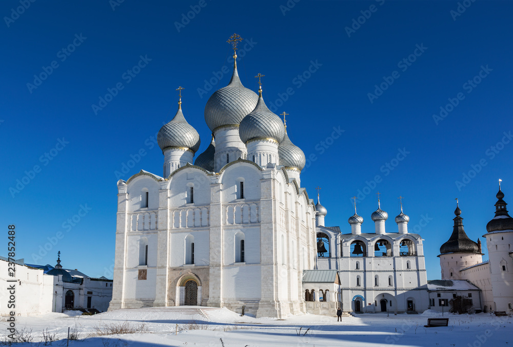 View of the Kremlin in Rostov the Great and the assumption Cathedral in winter, Rostov the Great, Golden ring, Russia