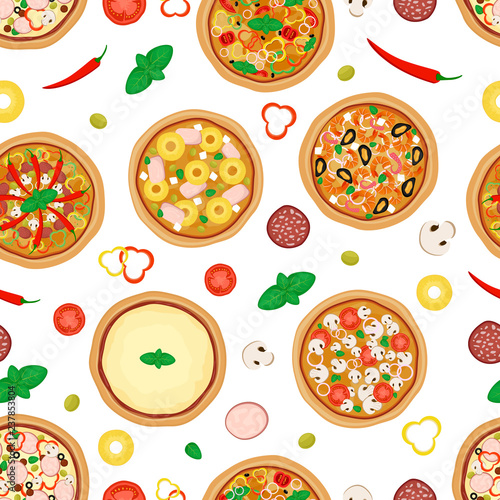 Pizza seamless pattern. Pizza and ingredients isolated on white background. Vectorillustration, flat style.