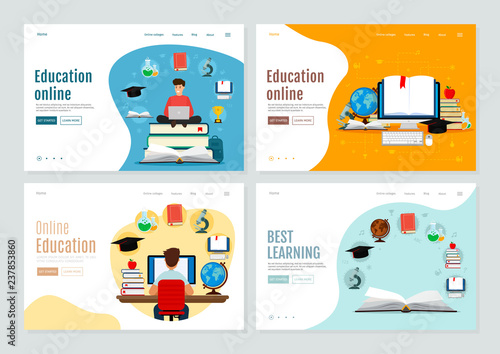Set of landing page template for online education and e-learning. Vector modern illustration. Flat design. EPS 10.
