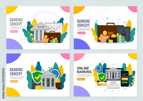 Set of vector flat illustration banking concept, financial services, bank financing. Business web banner with bright background. EPS 10.