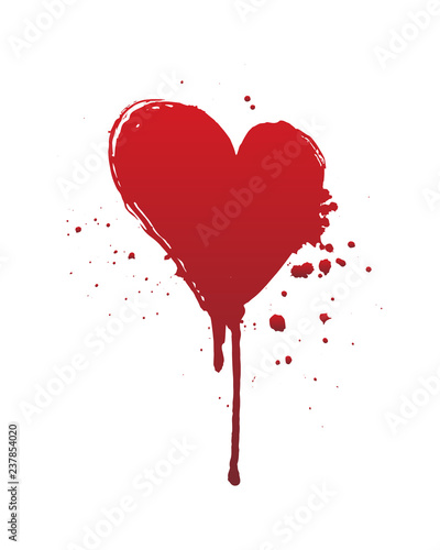 Dripping blood or red heart brush stroke isolated on white background. Halloween concept, ink splatter illustration.