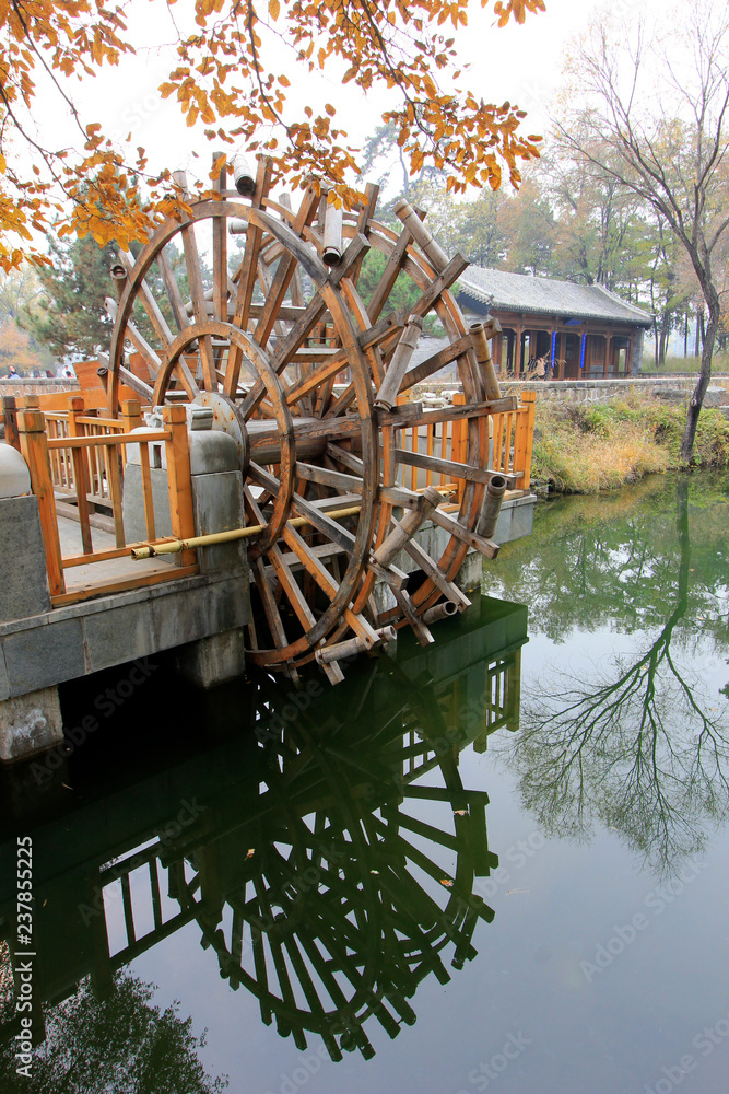 Chinese traditional style water wheel in chengde mountain resort, China Chinese traditional style water wheel in chengde mountain resort, China