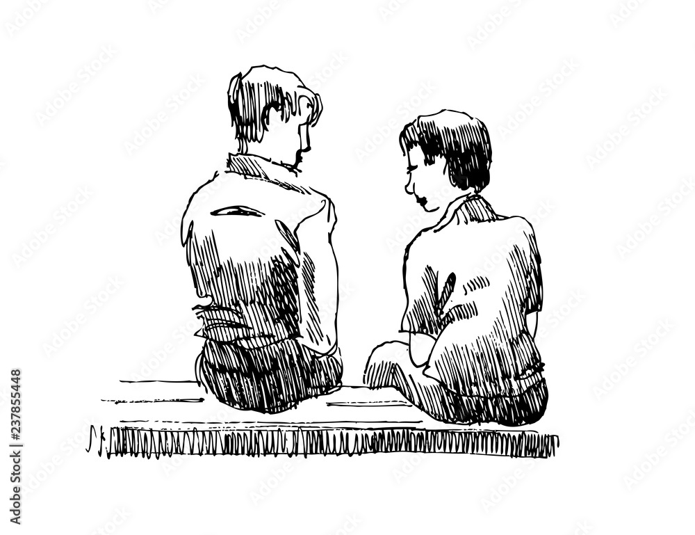 Obraz premium Graphic sketch of a young couple sitting on a bench. Vector illustration.