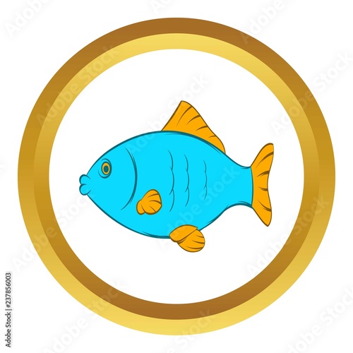 Blue fish vector icon in golden circle, cartoon style isolated on white background photo