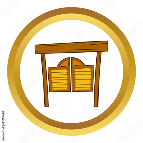 Doors in western saloon vector icon in golden circle, cartoon style isolated on white background