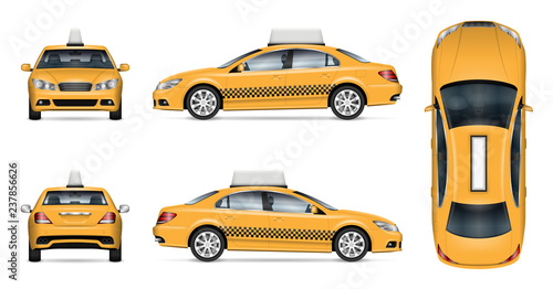 Taxi car vector mockup on white background for vehicle branding, corporate identity and advertisement. View from side, front, back, and top, easy editing and recolor