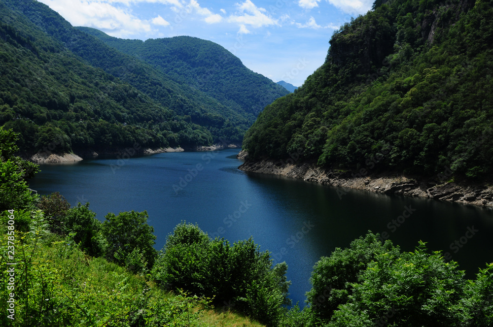 Switzerland: The Verzasca valley river and dam near Tenero in Ticino.