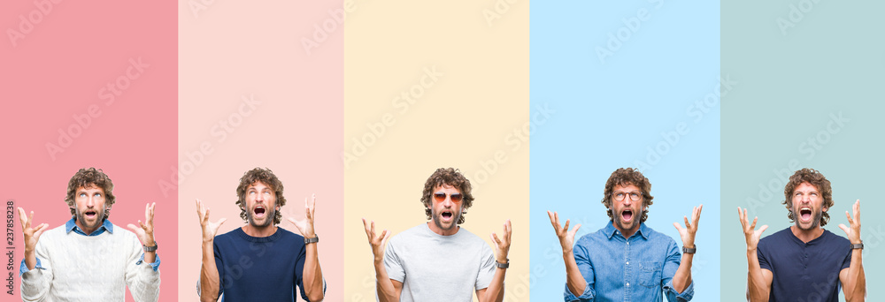 Fototapeta premium Collage of young casual man over colorful stripes isolated background crazy and mad shouting and yelling with aggressive expression and arms raised. Frustration concept.