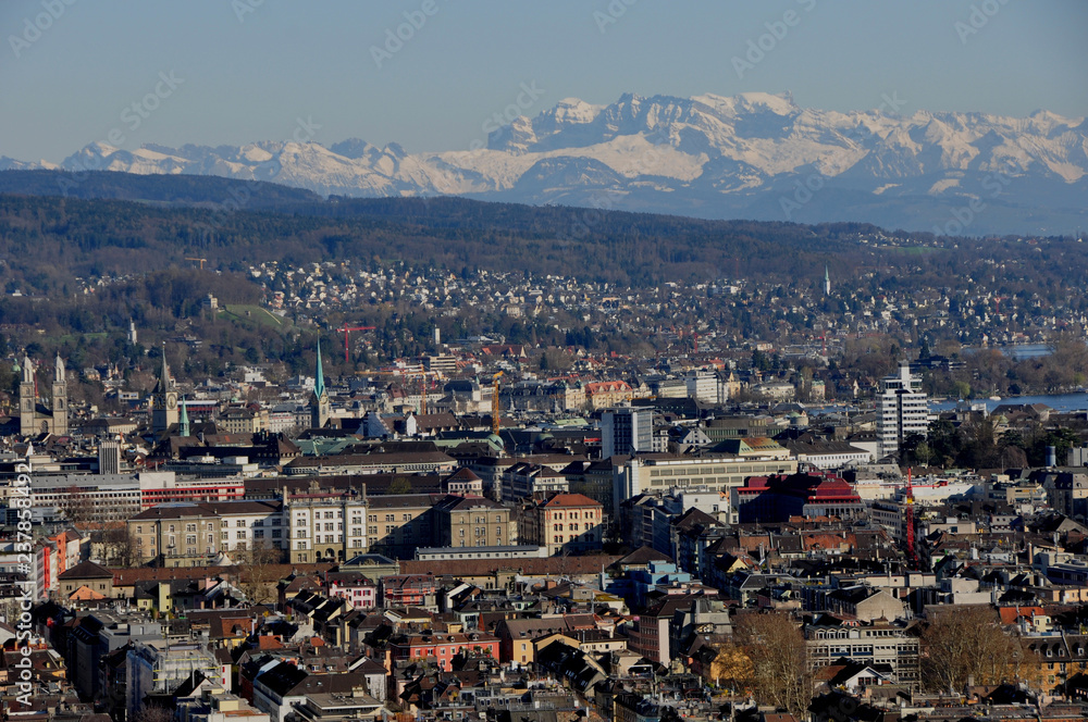 Panoramic view of Zürich-City with the alps in the background from Switzerlands second highest skyscraper