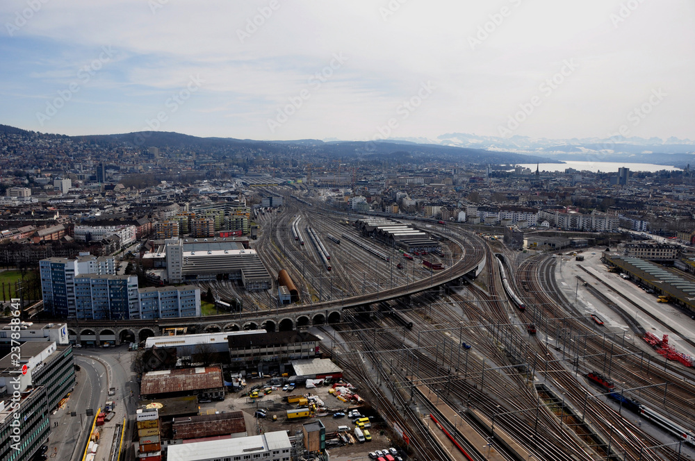Panoramic view of the city of Zürich, the main station und railway-system from the second highest skyscraper of Switzerland.
