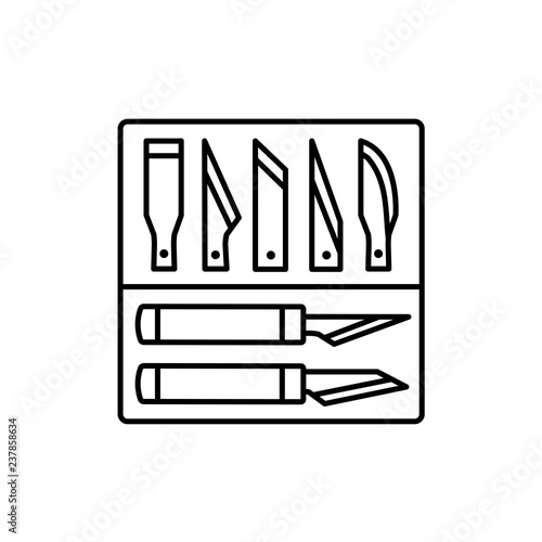 Black & white vector illustration of craft pen knife set with blades. Line icon of craft cutting tool. Isolated object