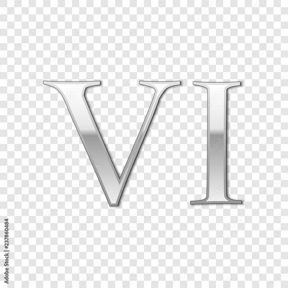 Silver Roman numeral number 6, VI, six in alphabet letter isolated on transparent background. Ancient Rome numeric system. Vector Illustration