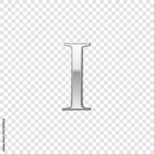 Silver Roman numeral number 1, I, one in alphabet letter isolated on transparent background. Ancient Rome numeric system. Vector Illustration