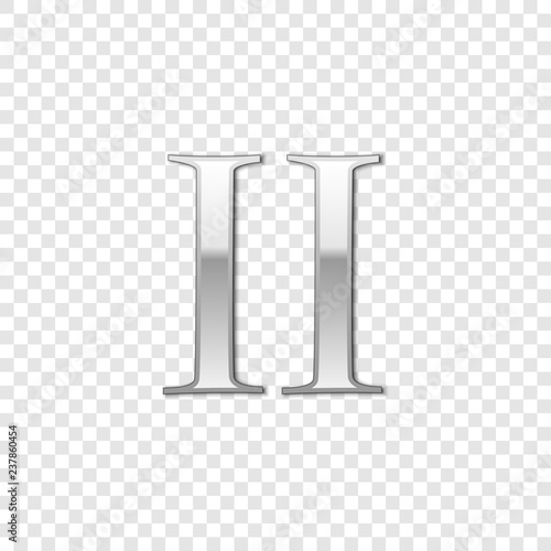 Silver Roman numeral number 2, II, two in alphabet letter isolated on transparent background. Ancient Rome numeric system. Vector Illustration