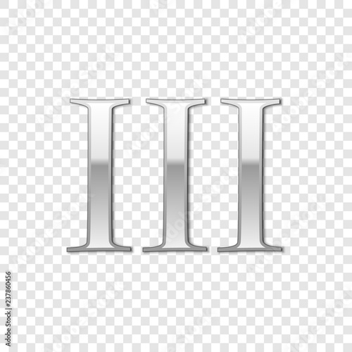 Silver Roman numeral number 3, III, three in alphabet letter isolated on transparent background. Ancient Rome numeric system. Vector Illustration