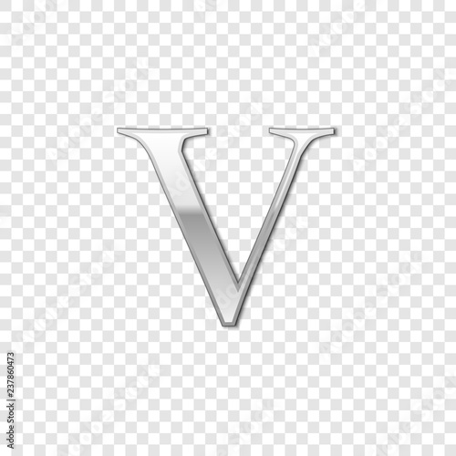 Silver Roman numeral number 5, V, five in alphabet letter isolated on transparent background. Ancient Rome numeric system. Vector Illustration