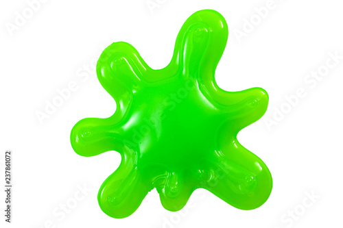 Practical joke splash, funny toy and slime splatter concept with a neon green blob of mucus or goo isolated on white background with a clip path cutout
