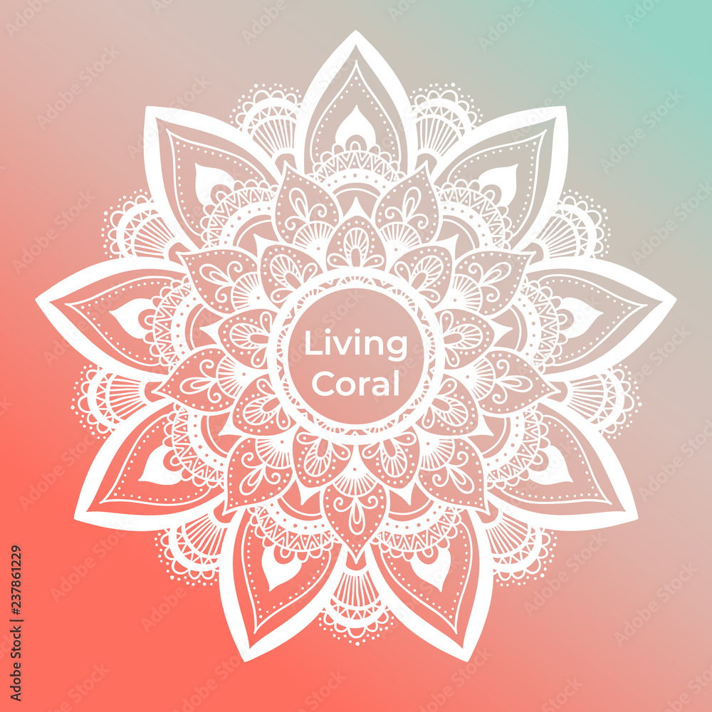 Round dreamy gradient mandala on living coral background. Vector boho white mandala. Mandala with floral patterns. Yoga template Round dreamy gradient mandala on living coral background. Vector boho white mandala. Mandala with floral patterns. Yoga template