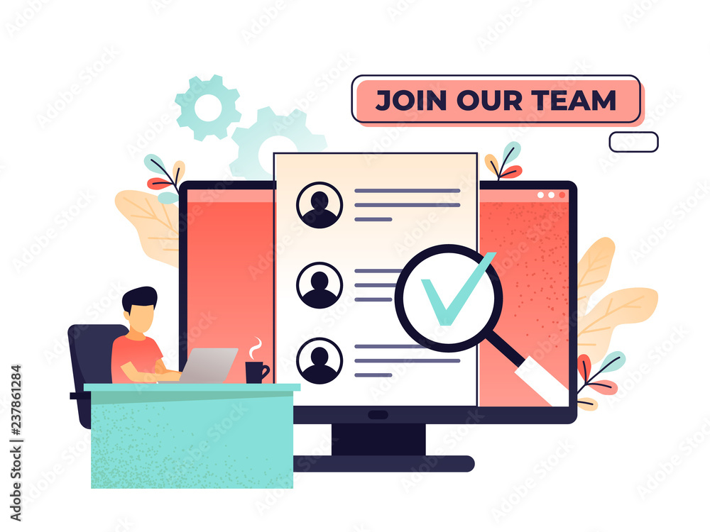 Obraz premium HR managers hiring candidates with resume on computer. HR software, human resources technology, employee effectivity control concept. Website vibrant living coral illustration.