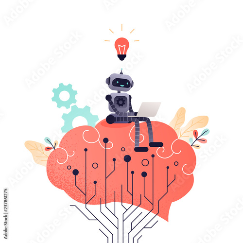 Brain with digital circuit and robot with laptop. Machine learning, artificial intelligence, digital brain and artificial thinking process concept, living coral palette. Vector illustration.