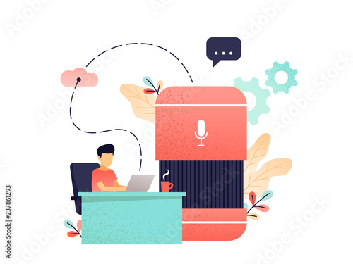 Voice controlled smart speaker and user talking. Smart home office main controlling hub, IoT technology and voice controlled digital devices concept, coral palette. Vector isolated illustration.