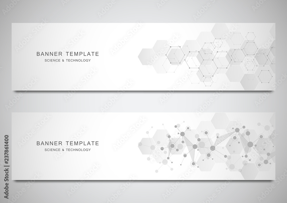 Vector banners and headers for site with molecules background and neural network. Genetic engineering or laboratory research. Abstract geometric texture for medical, science and technology design.