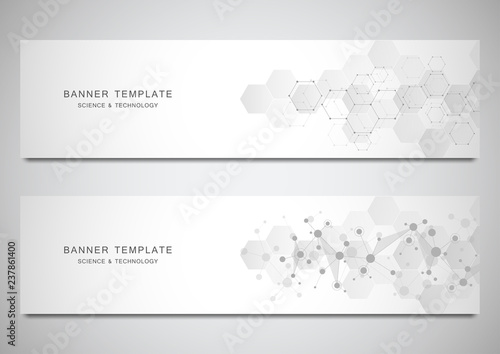 Vector banners and headers for site with molecules background and neural network. Genetic engineering or laboratory research. Abstract geometric texture for medical, science and technology design.