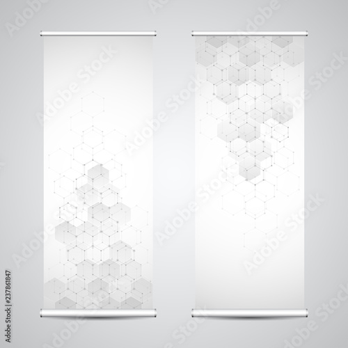 Roll up banner stands with abstract geometric background of hexagons pattern. Hi-tech digital background. Vector illustration for technological or scientific modern design.