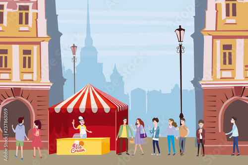 Trade tent, ice cream counter, seller under a canopy, outdoor composition, city, characters selling ice cream, drinks, corn, fast food, sweets. People, sellers and buyers. Urban scene. Vector
