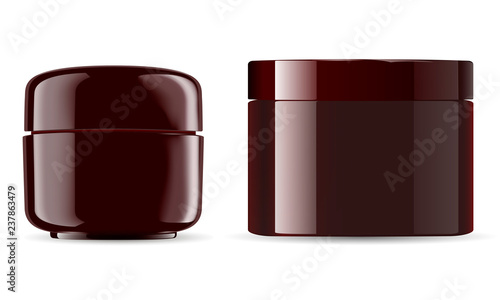 Cosmetic jars mockup pack. Amber color glossy plastic containers for cosmetic cream, powder, ointment. 3d amber containers realistic illustration.