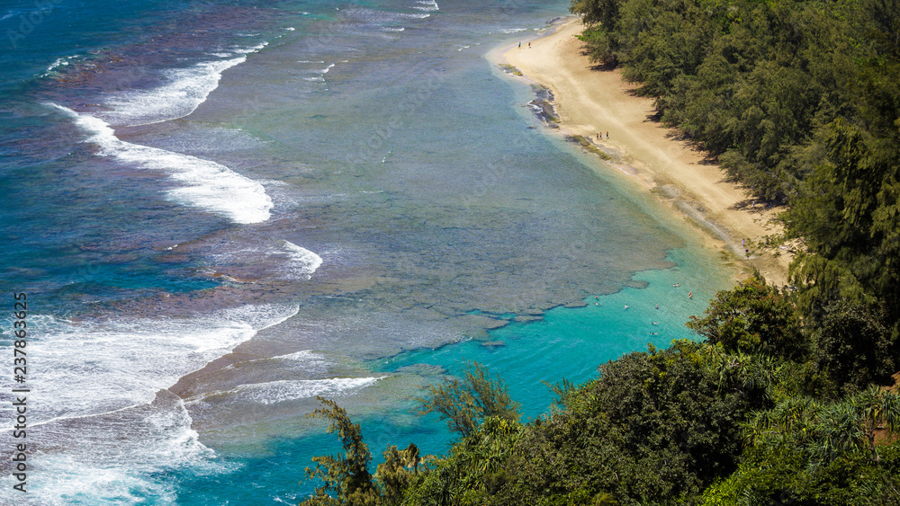 Close up of Kee beach at the north end of Na Pali Coast, seen from Kalalau trail, Kauai, Hawaii.
