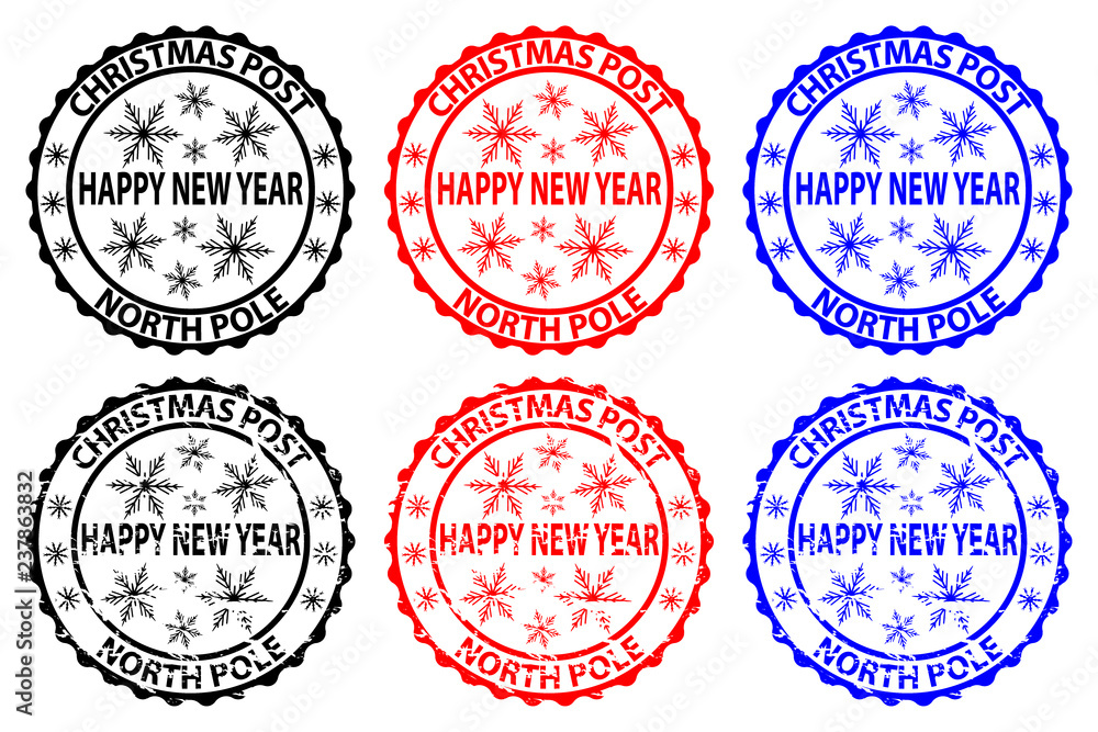 Happy new year, Christmas Post, North Pole, rubber stamp, sticker, vector, black, red, blue,