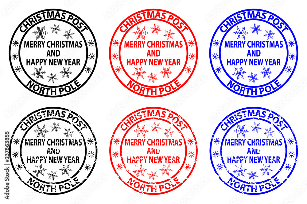 Obraz premium Merry Christmas and happy new year, Christmas Post, North Pole, rubber stamp, sticker, vector, black, red, blue,