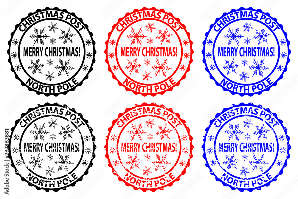 Merry Christmas, Christmas Post, North Pole, rubber stamp, sticker, vector, black, red, blue,