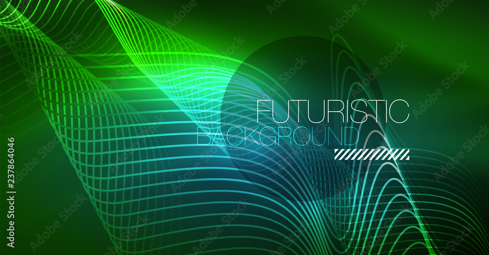 Abstract shiny glowinng color wave design element on dark background - science or technology concept Abstract shiny glowinng color wave design element on dark background - science or technology concept