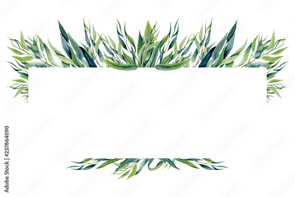 Frame with Watercolor Eucalyptus Willow Leaves