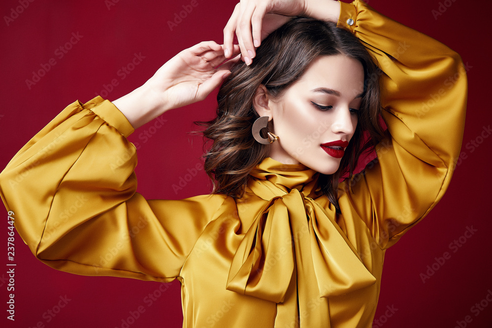 Portrait beautiful sexy pretty woman red lipstick jewelry earrings brunette hair cosmetic makeup fashion clothes beauty salon happy holidays merry Christmas Eve New Year St. Valentine's Day party. - obrazy, fototapety, plakaty 