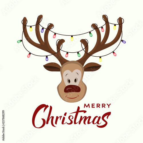 Vector cartoon red nosed reindeer with big horns with electric lights on it. Funny character for christmas and new year cards, banner, poster, t-shirt, packaging,. Merry Christmas hand drawn lettering