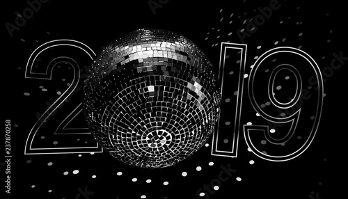 New Year card with numbers 2019, silver text design. Vector illustration with silver numbers and disco ball on black background