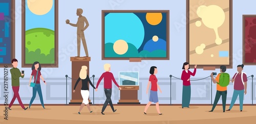 People in art museum. Viewers walk and watch painting and artworks in contemporary art exhibition
