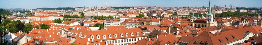 Panorama of the rooftops of Prague. Prague skyline rooftop view with historical buildings panorama in Czech Republic.