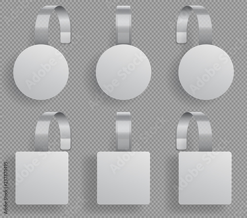 Wobbler template. Supermarket bended white blank wobblers. 3d sale discount plastic tags vector mockup