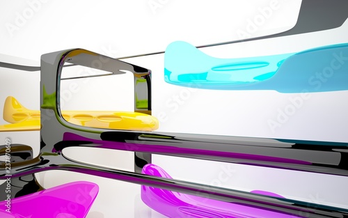 abstract architectural interior with colored smooth glass sculpture with black lines. 3D illustration and rendering