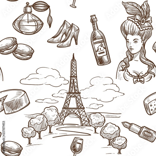 France sketch pattern background. Vector seamless design of Paris Eiffel Tower