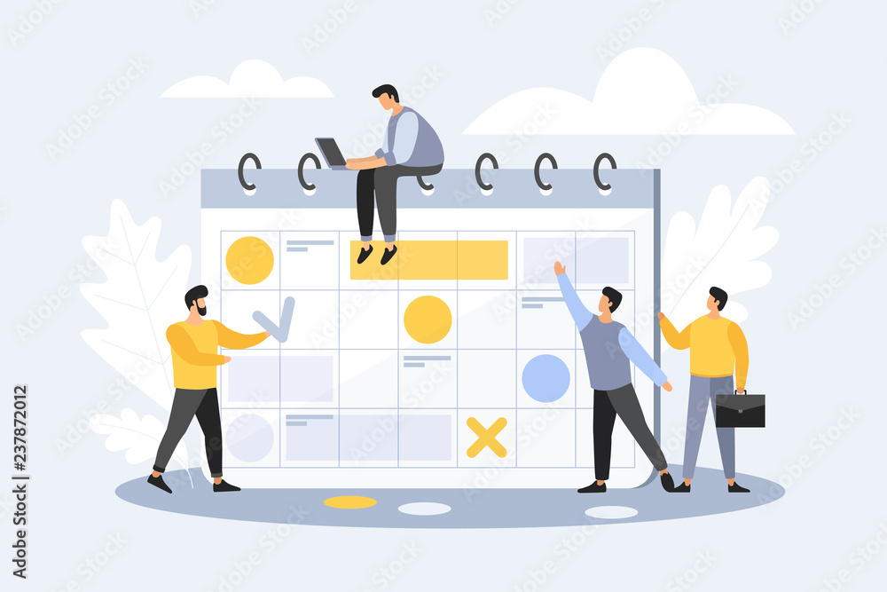 Team of young businessmen in cartoon style mark important dates in the calendar. The concept of exact timing ending of project. Advanced planning. Deadline. Vector flat illustration. Team of young businessmen in cartoon style mark important dates in the calendar. The concept of exact timing ending of project. Advanced planning. Deadline. Vector flat illustration.