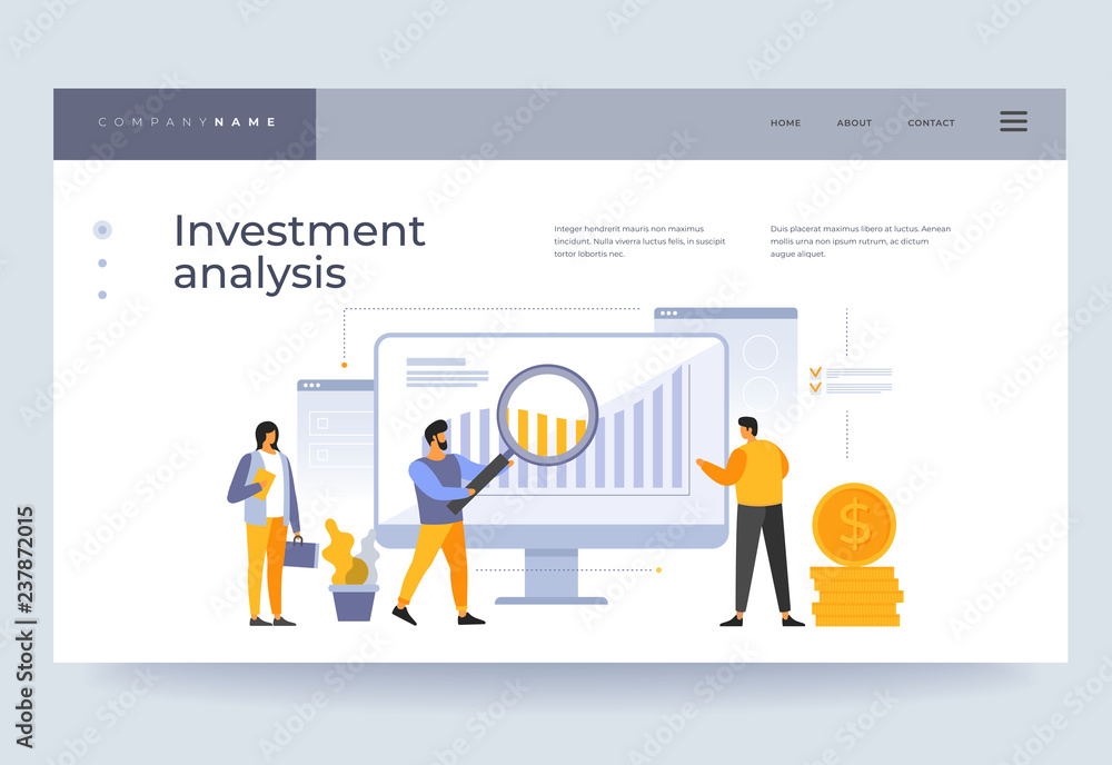 Landing page template.Investment analysis concept. Analysis of financial data. People on team are looking at growing graphs of cash investments. Vector flat illustration. Landing page template.Investment analysis concept. Analysis of financial data. People on team are looking at growing graphs of cash investments. Vector flat illustration.