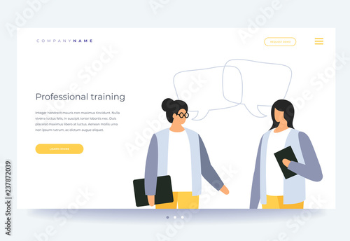 Landing page template. Vocational training and education. Concept of learning, business training and advanced training. Young cartoon woman conducts learning for employees. Vector flat illustration.